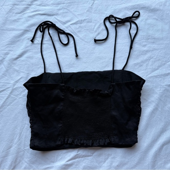 Zara Black Satin Effect Smocked Bach Crop Top - Picture 3 of 9